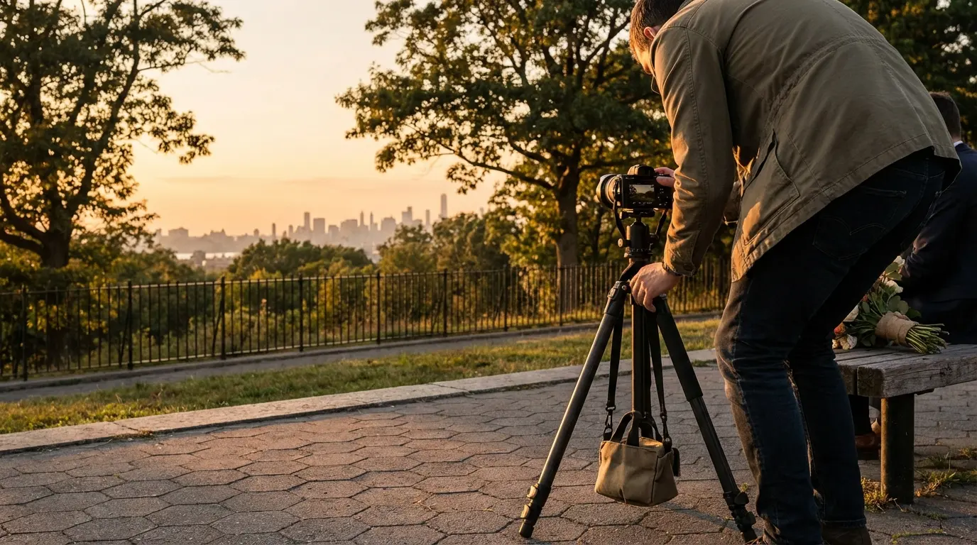 Wedding photographer at Sunset Park Brooklyn setting a compact tripod near the hilltop overlook with skyline view