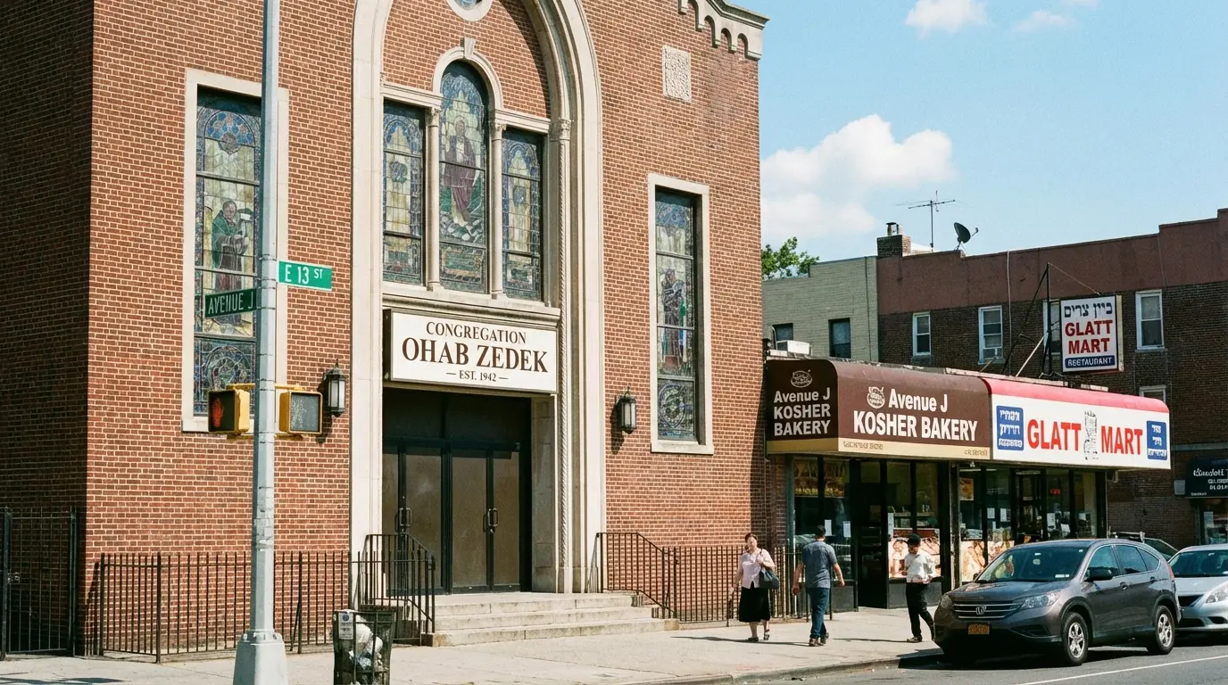 Wedding Photography Midwood — synagogue frontage and Avenue J street signage in Midwood