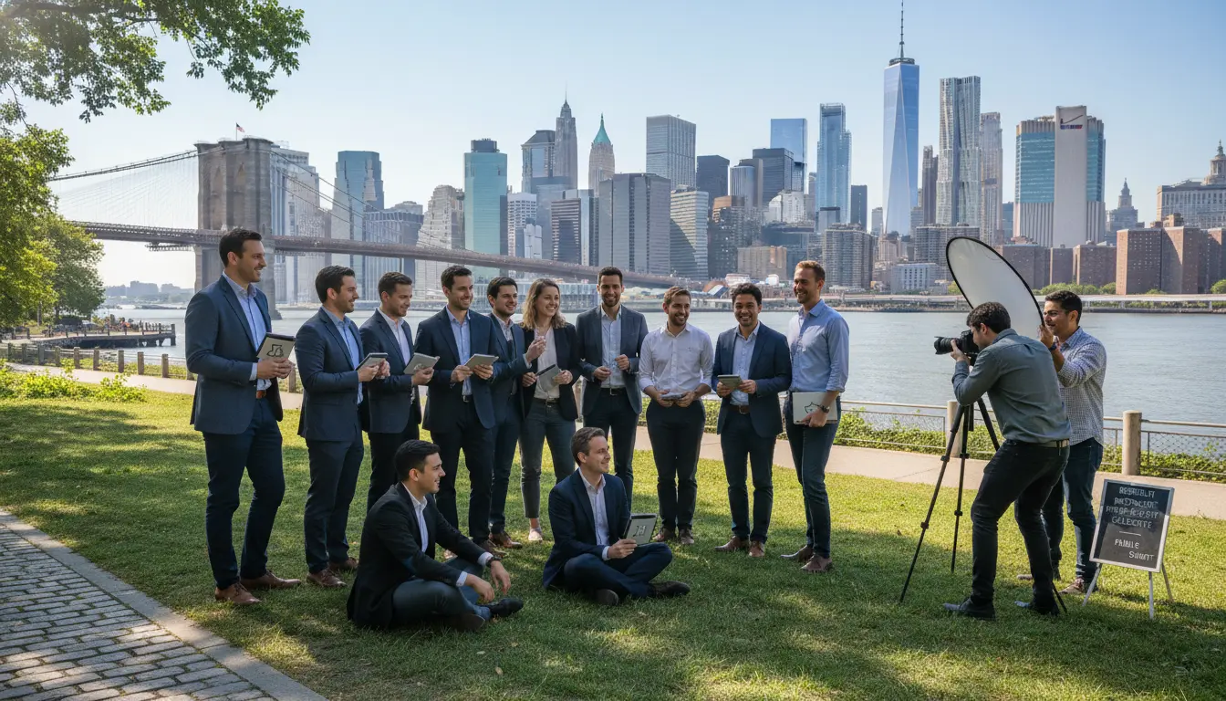 Corporate team portrait in Brooklyn Bridge Park showing team and photographer during on-location shoot