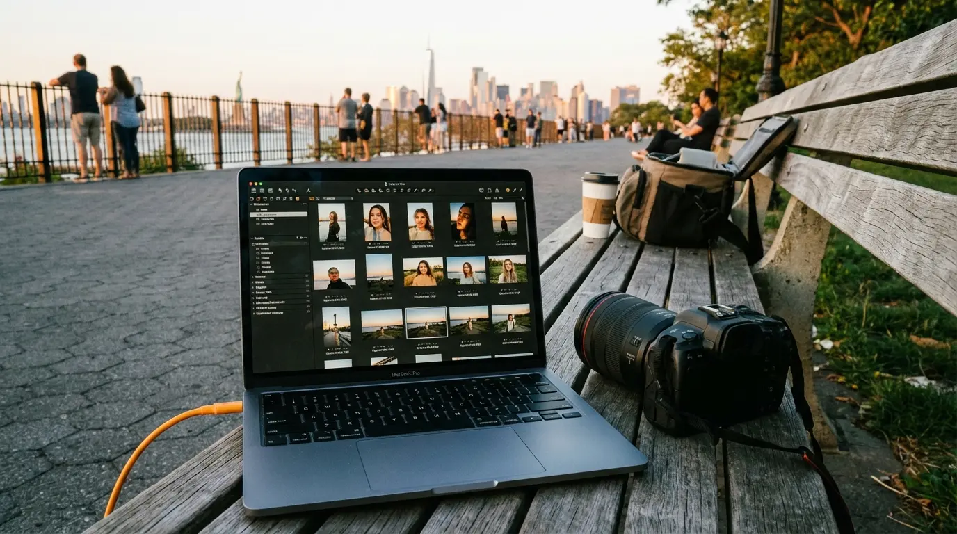 Wedding Photography Sunset Park on-site laptop showing unedited selects from a hilltop session at Sunset Park
