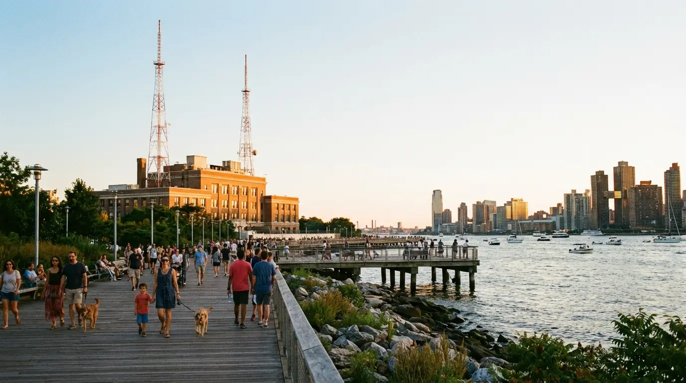 Wedding Photography Greenpoint — Transmitter Park pier with WNYC Transmitter Building and East River skyline.