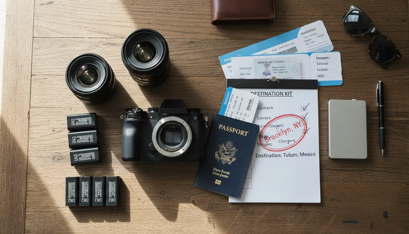 destination wedding photography Brooklyn travel kit with passports and itinerary laid out