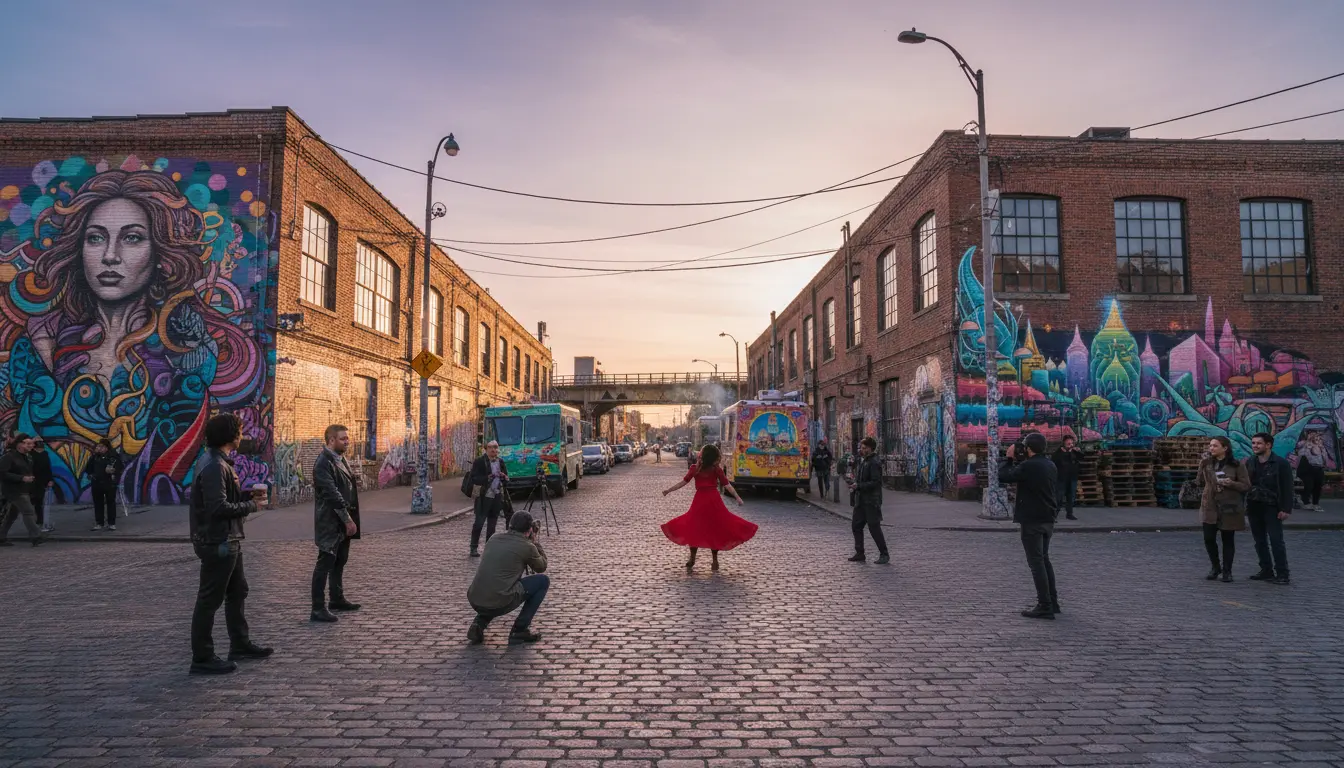 Wedding photography Bushwick Troutman Morgan industrial corridor with warehouse conversions and murals