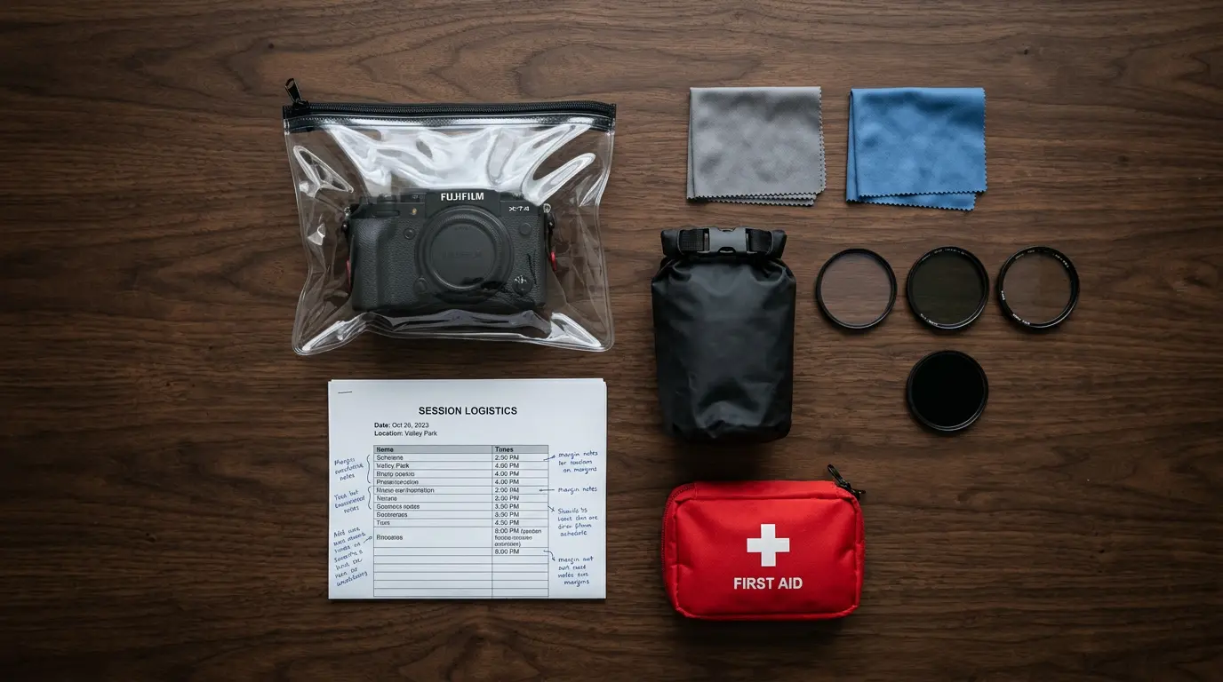 Trash-the-dress outdoor session preparation gear and logistics sheet for waterfront Brooklyn TTD shoot