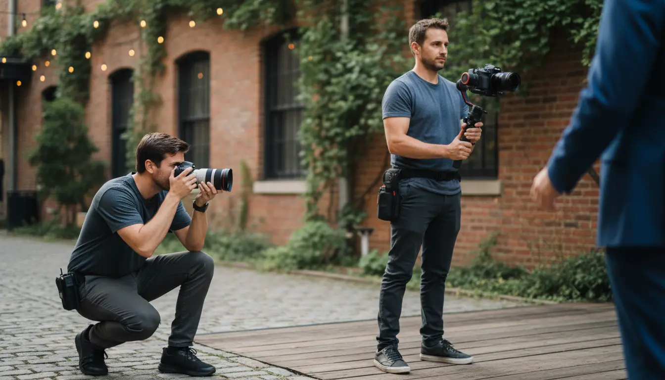 Wedding photo and video team in Brooklyn coordinating during a first-look with camera and stabilizer