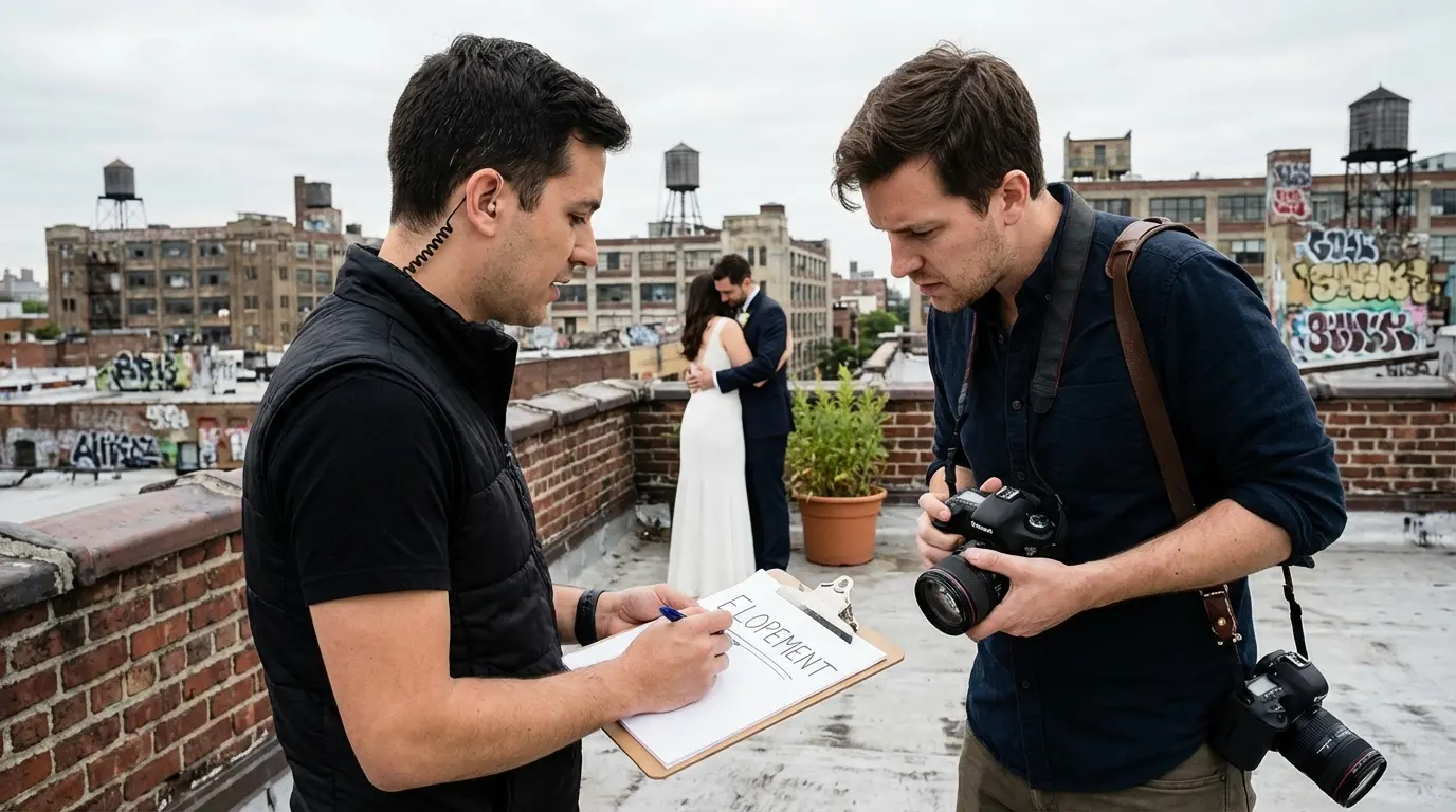 elopement photography Brooklyn two photographers coordinating with backup camera on rooftop