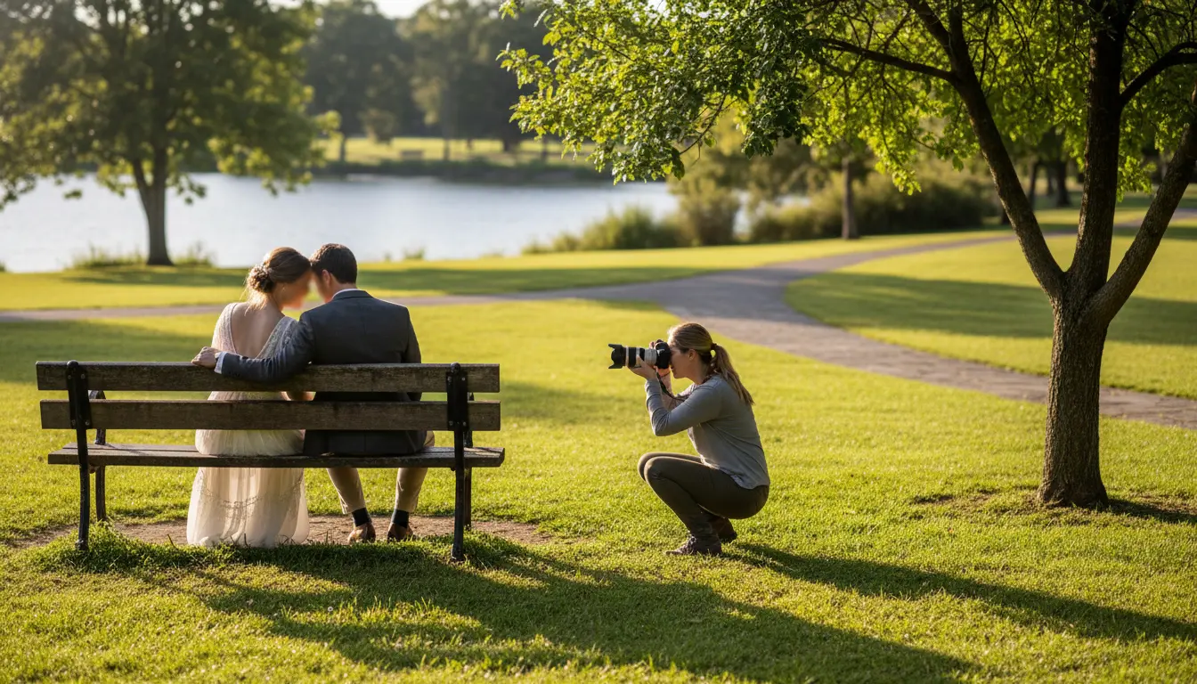 Wedding Photography Clinton Hill — portrait session at Underwood Park showing benches and partial shade
