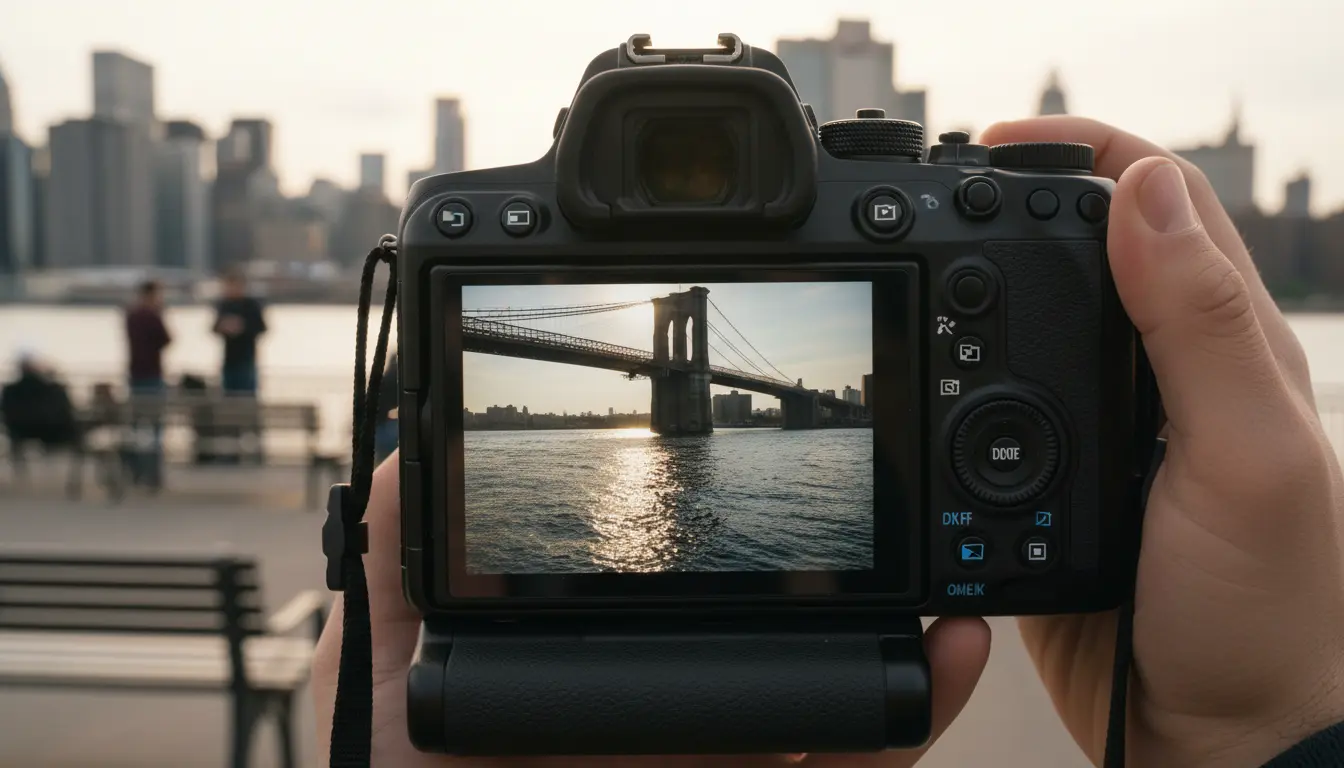 Wedding Photography, DUMBO — unedited camera display showing a raw frame on Fulton Ferry Landing with bridge, river reflections, and shadow bands.