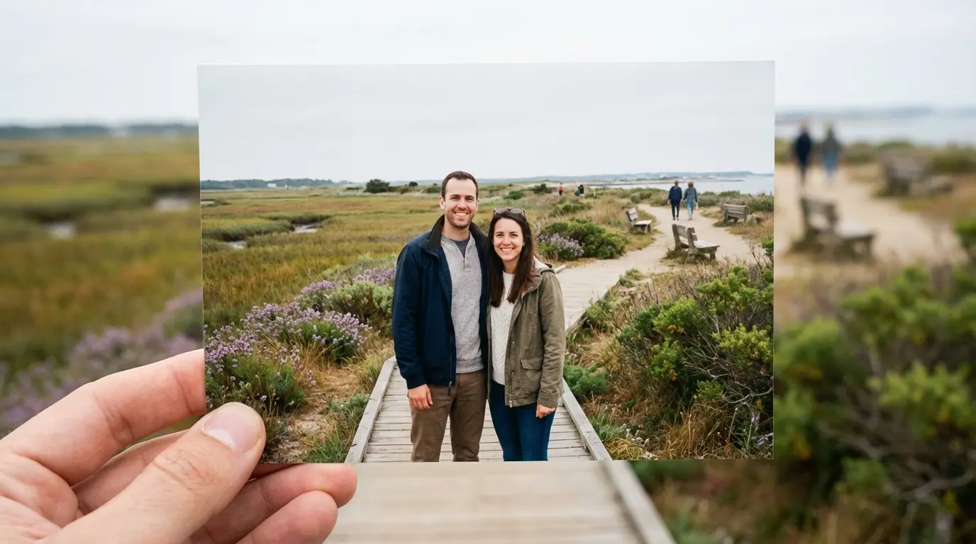 Wedding Photography Marine Park example portrait on park path with Salt Marsh background and visible park activity