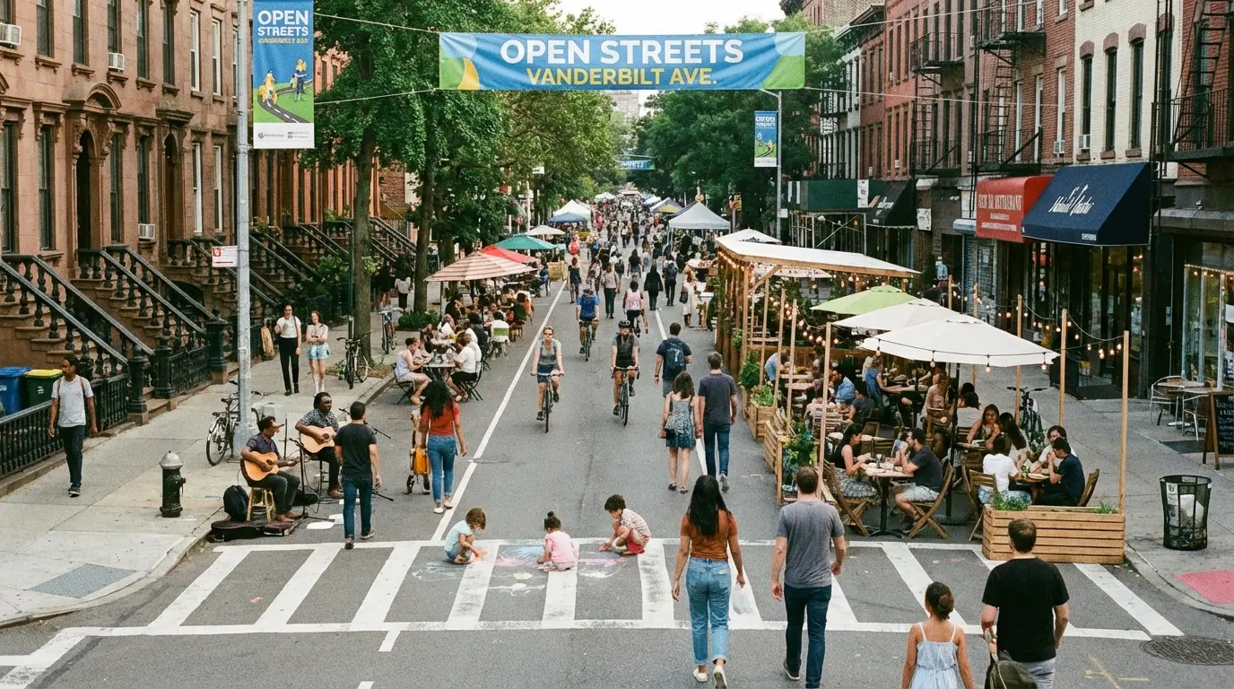 Wedding Photography in Prospect Heights: Vanderbilt Avenue open-street showing pedestrian density and street closures