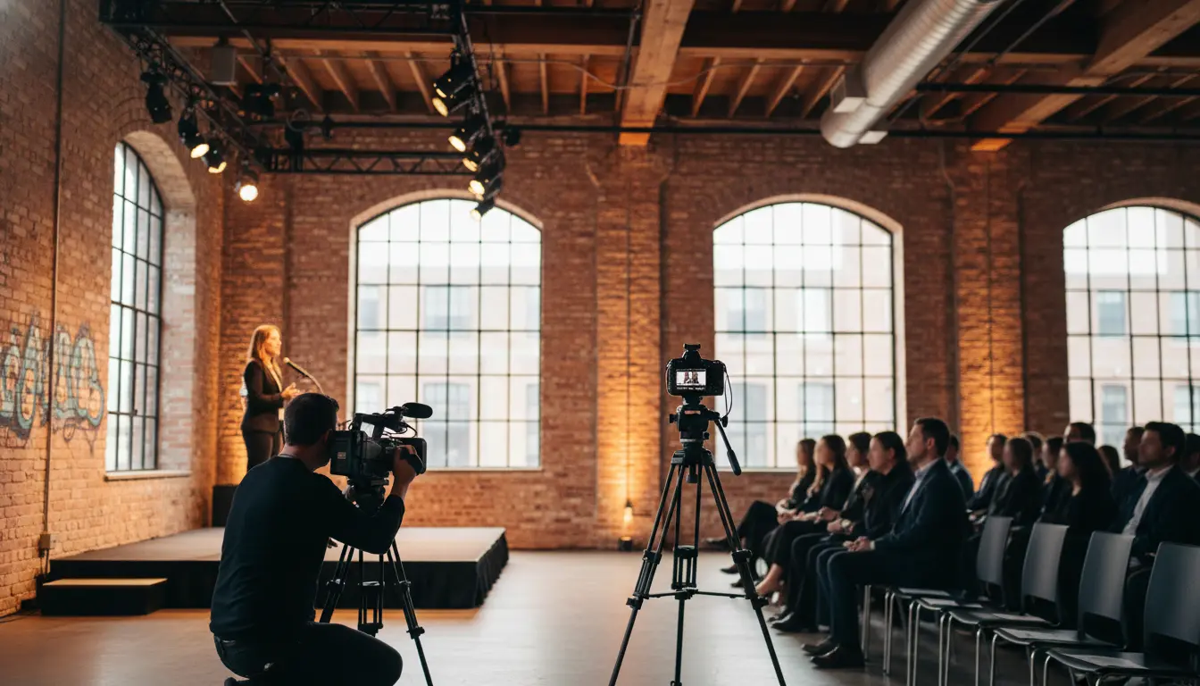 Event videography in Brooklyn - filming a speaker on stage with camera and lavalier mic