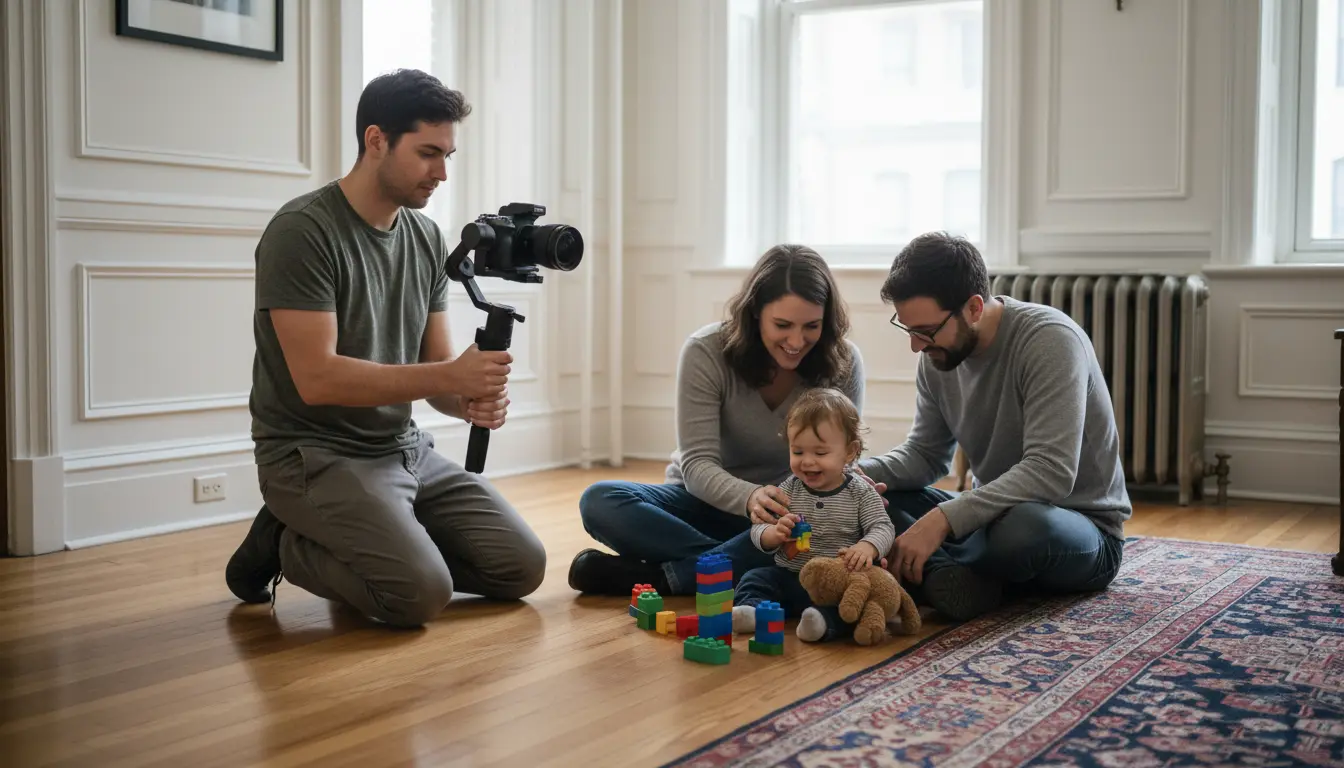 family videography in Brooklyn videographer filming family interaction in brownstone parlor