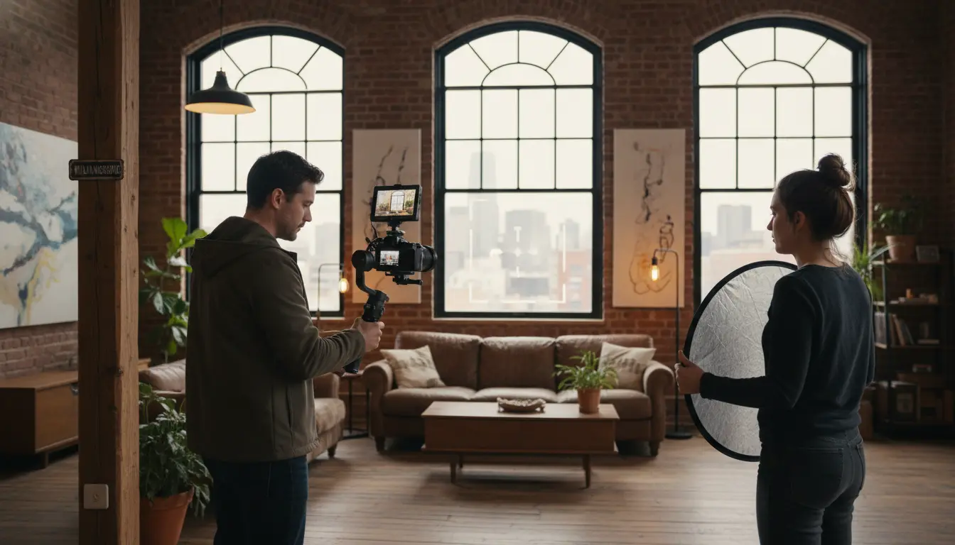 Real estate videography Brooklyn — videographer filming interior loft with gimbal