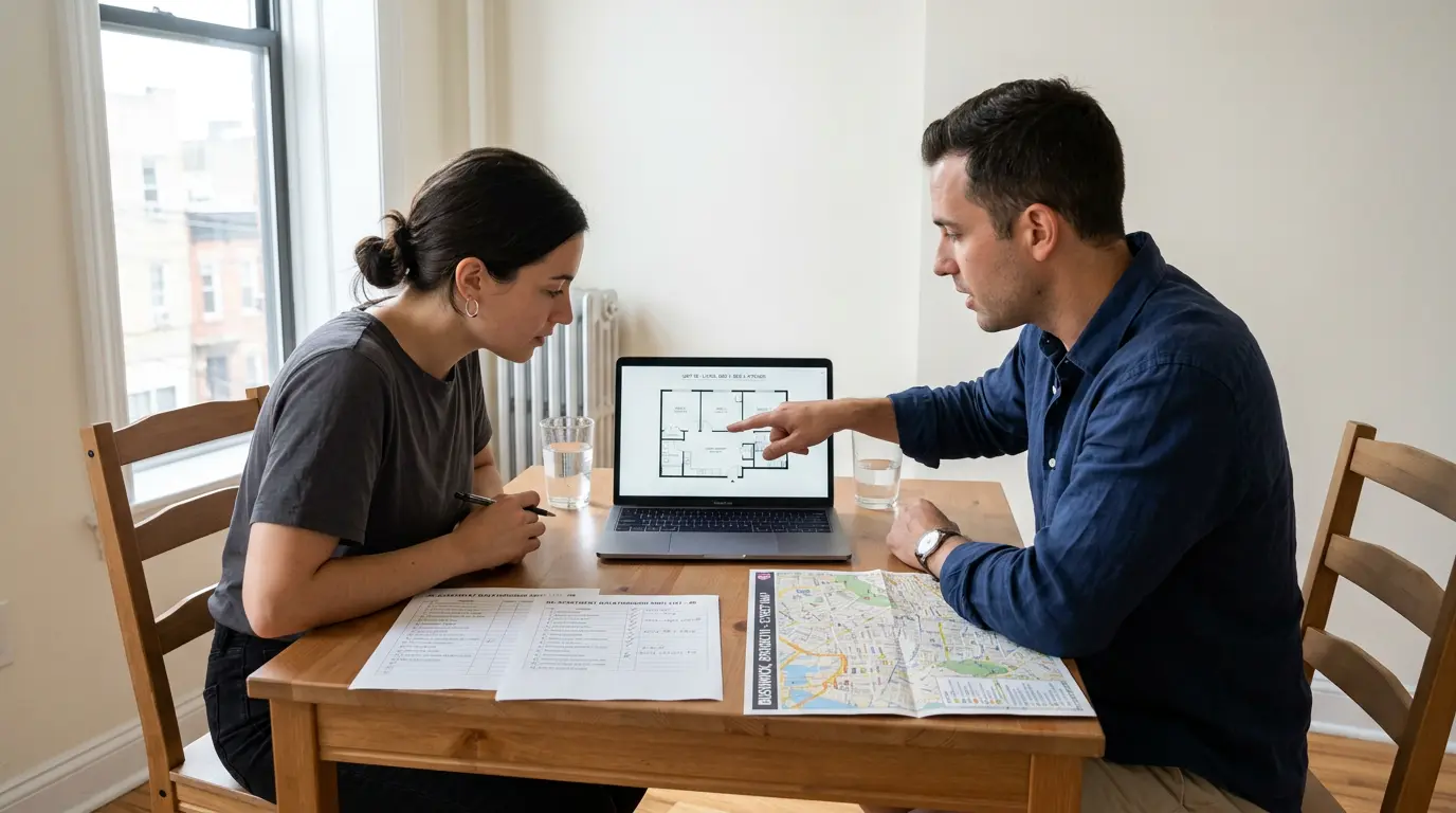 Real estate videographer and Brooklyn agent reviewing apartment floor plan and shot list before property video shoot