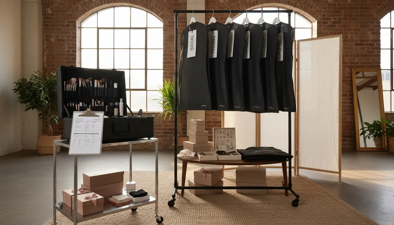 boudoir photography Brooklyn wardrobe rack and styling area showing outfits and makeup kit