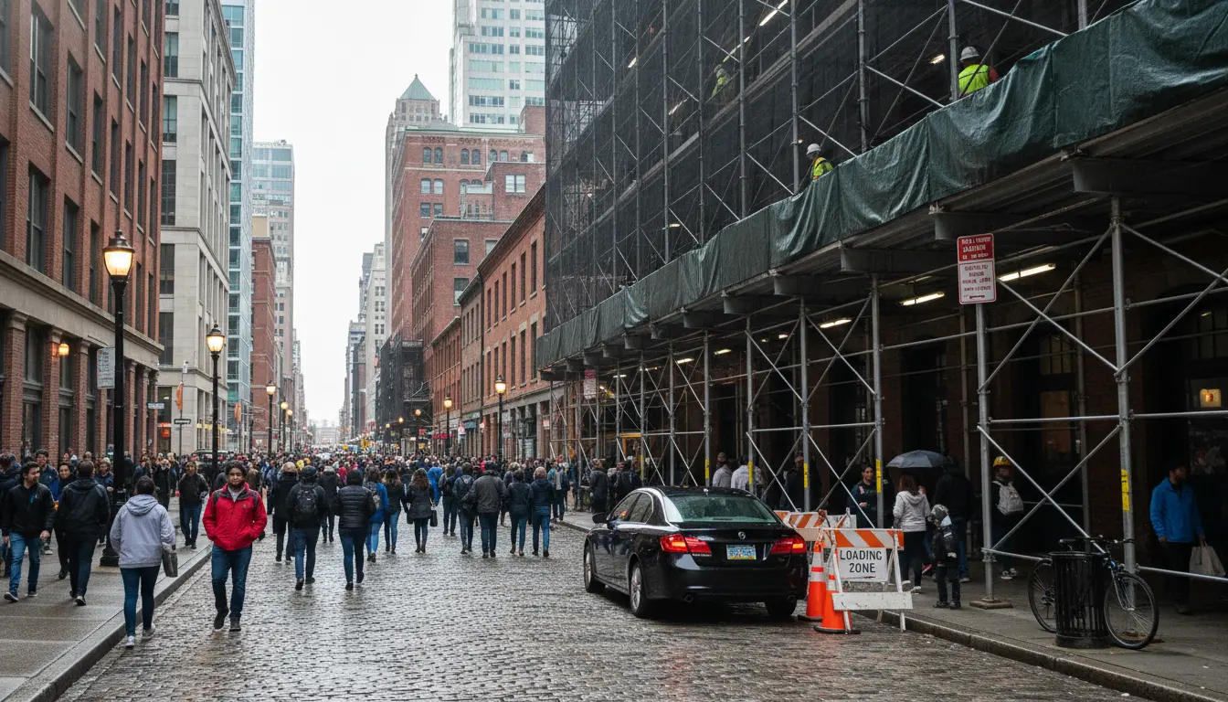 Wedding Photography, DUMBO — Main Street Park entrance showing park permit signage, users in the park, and nearby construction fencing.