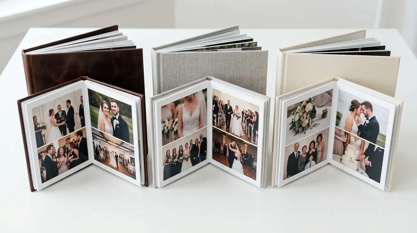 Wedding album cover material options leather linen and canvas fabric open side by side for comparison Brooklyn