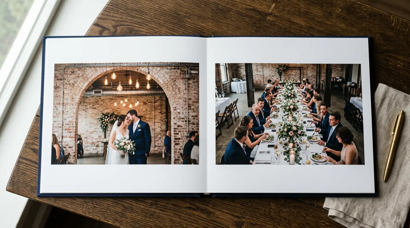 Open wedding album showing Downtown Brooklyn loft venue interior spread on dark wood table