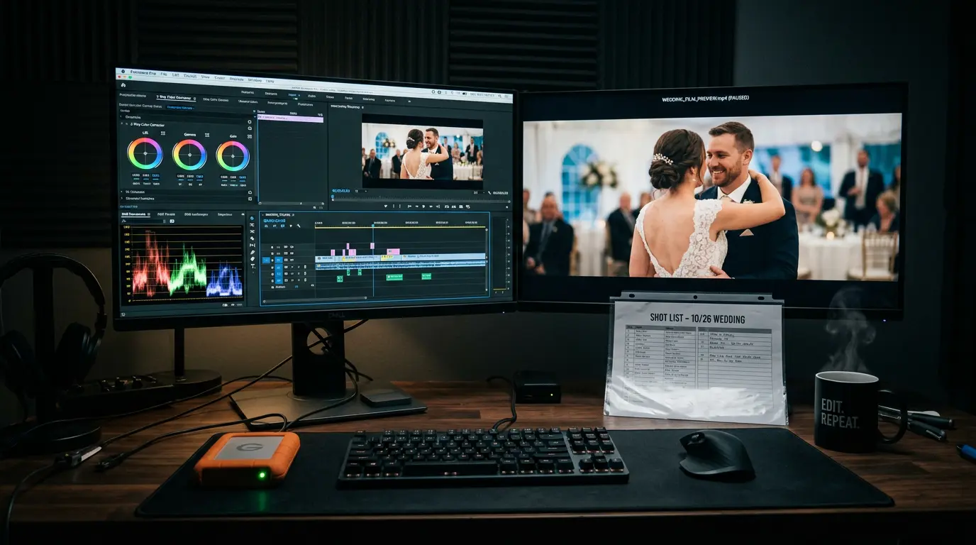 Wedding videographer Brooklyn post-production color grading editing workstation wedding film delivery preparation