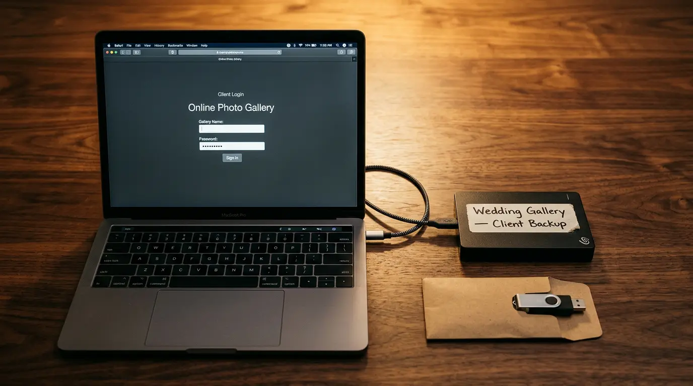 Wedding photography backup hard drive and online gallery password delivery setup for Brooklyn clients