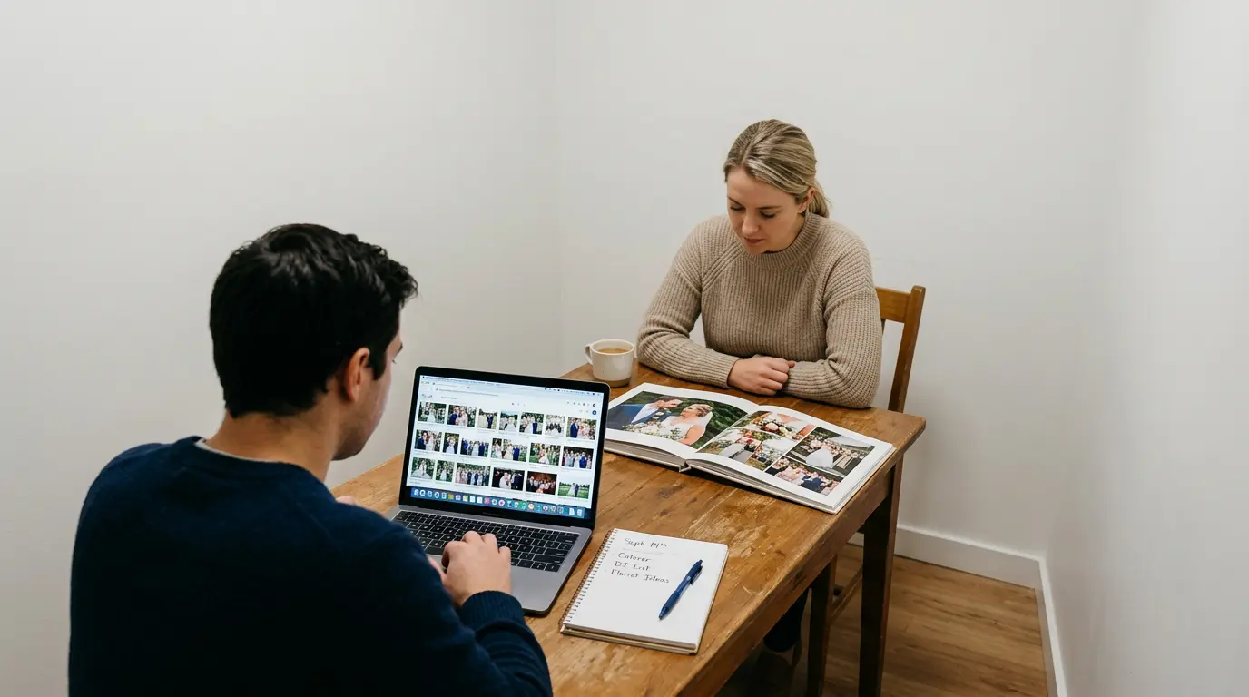 Wedding photography album review and gallery consultation session between photographer and client in Brooklyn studio