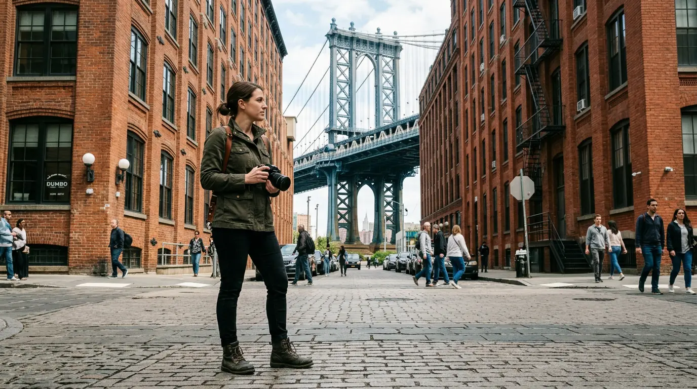Wedding photographer standing on Washington Street DUMBO Brooklyn with Manhattan Bridge arch in background