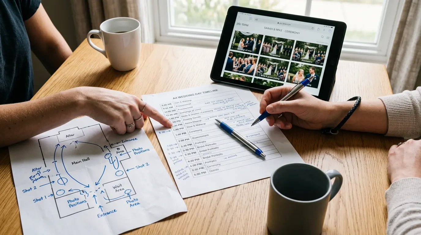 Wedding photography consultation planning session with timeline and venue floor plan in Brooklyn studio