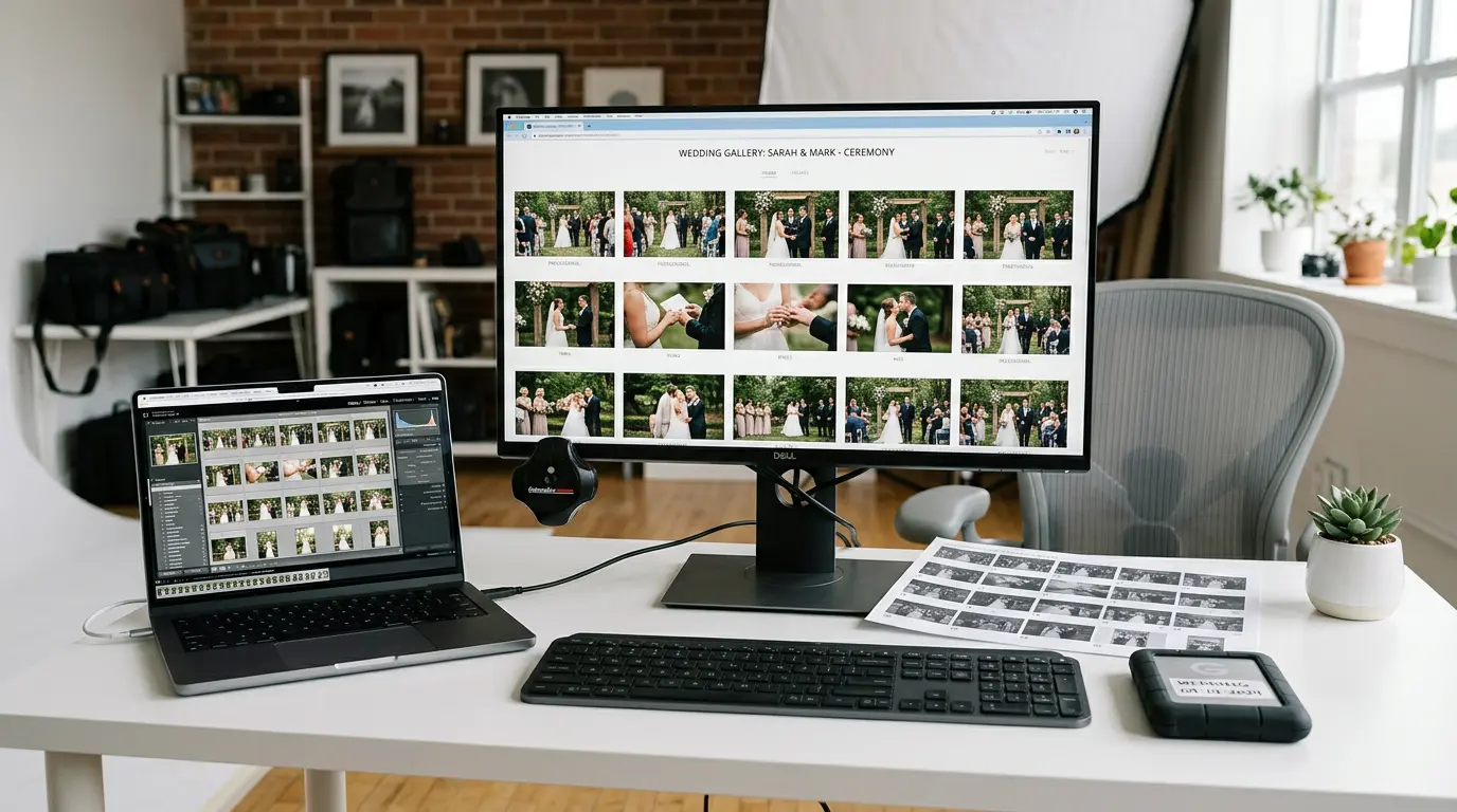 Wedding photography online gallery delivery workstation showing ceremony images and external hard drive backup at Brooklyn studio