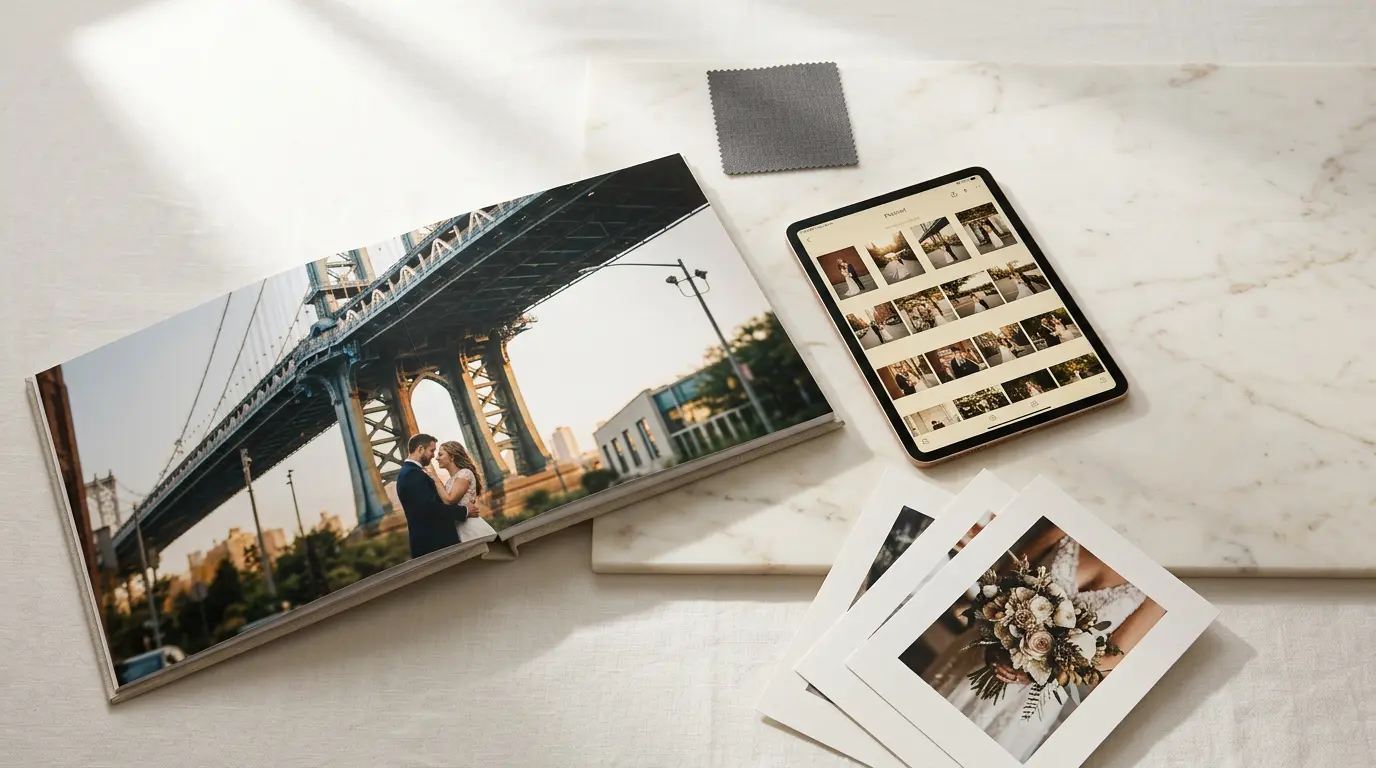 Open wedding album with Brooklyn bridge photo spread beside tablet digital gallery and fine art prints on linen surface in natural light
