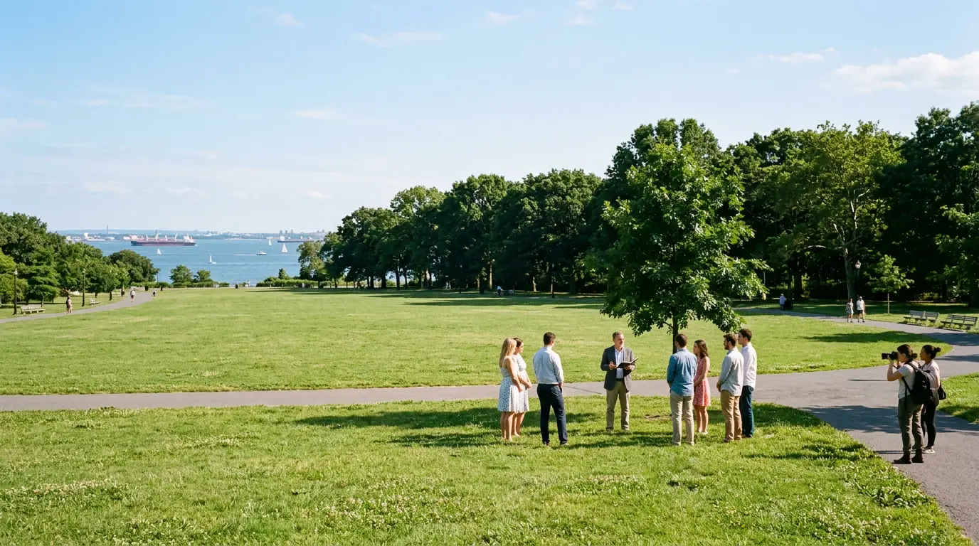 Wedding rehearsal photography at Dyker Beach Park open lawn in Dyker Heights Brooklyn