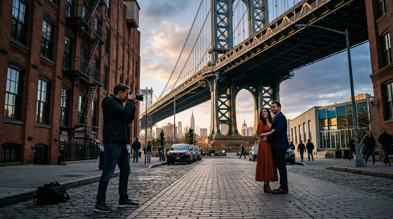 Wedding rehearsal photographer working on cobblestone street under Manhattan Bridge in DUMBO Brooklyn