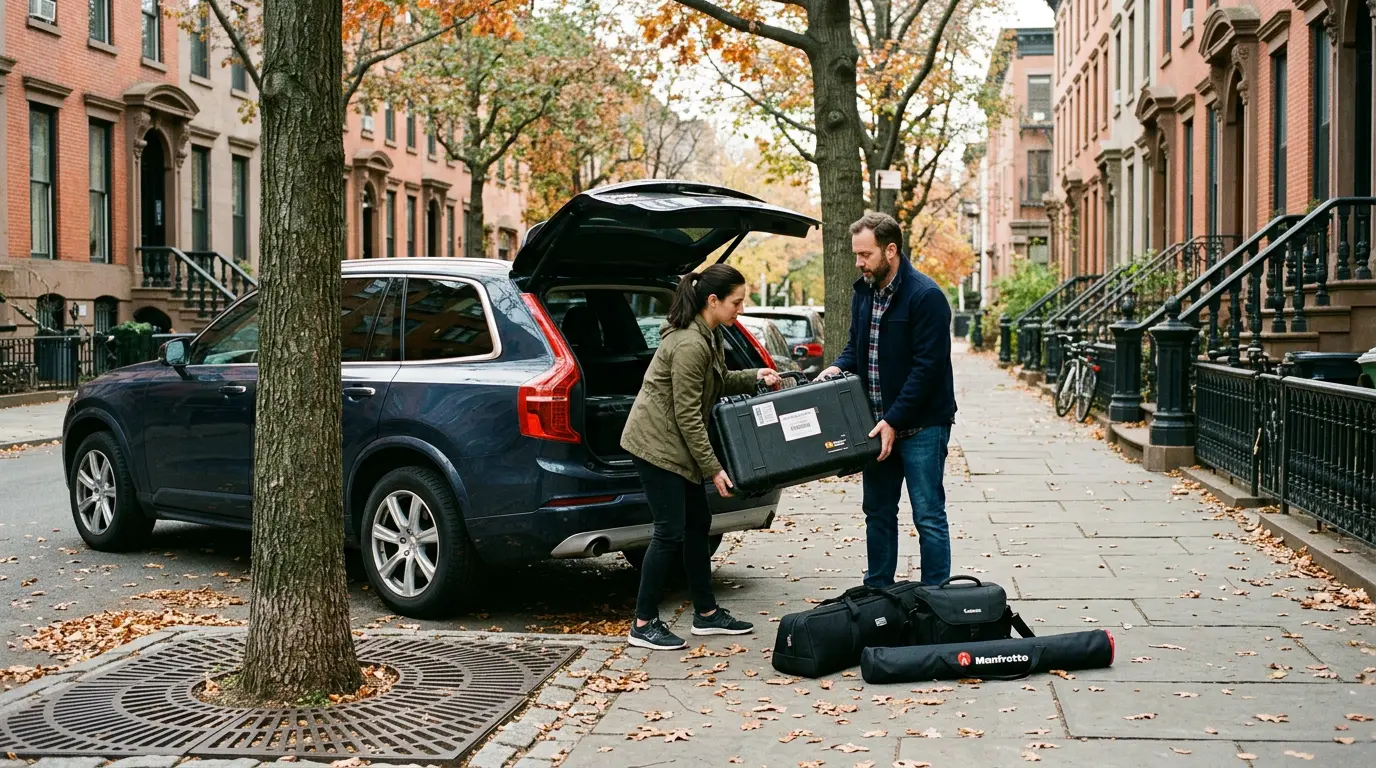 Wedding videography crew unloading equipment on Carroll Gardens Brooklyn street for on-location wedding coverage