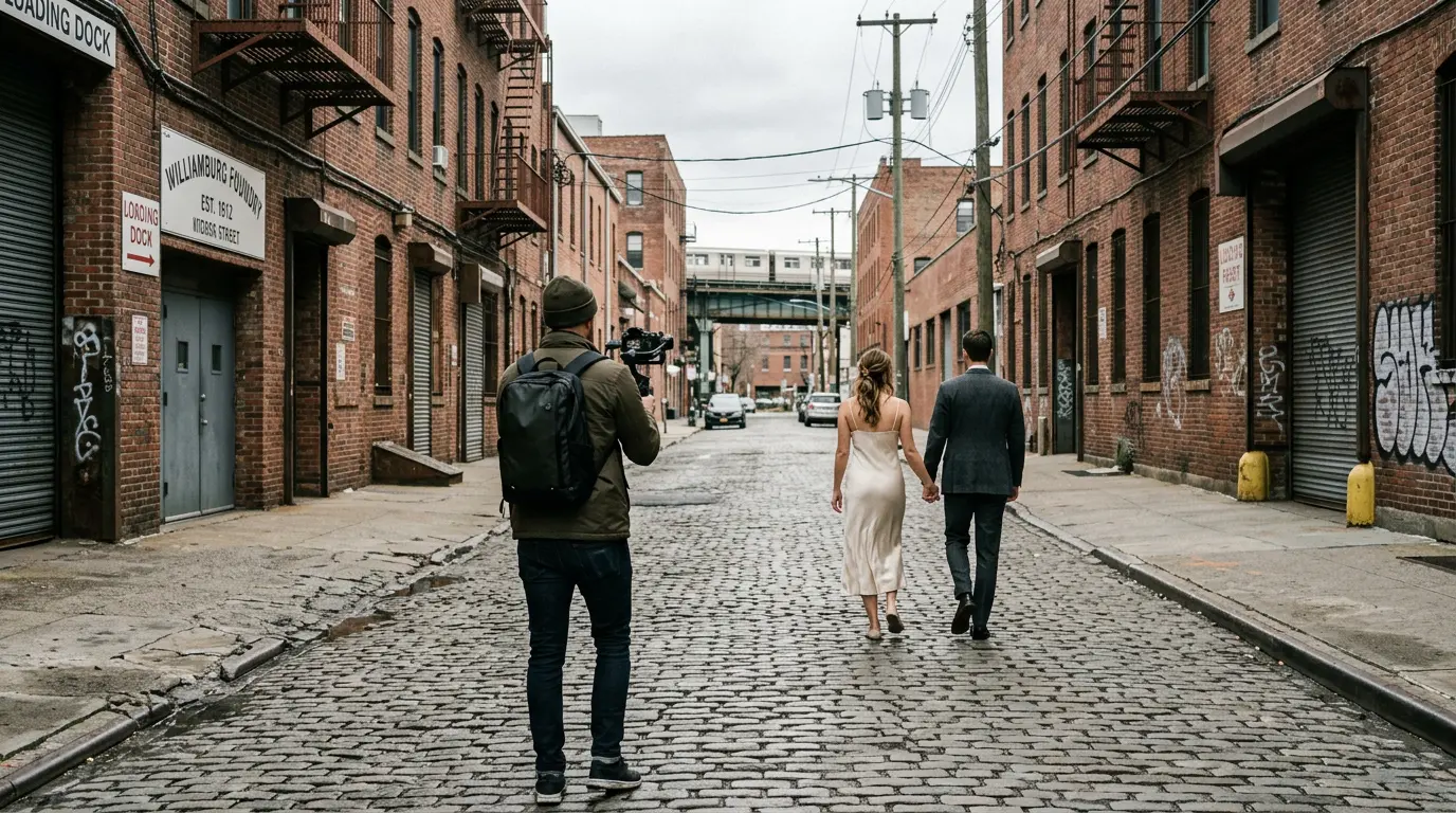 Videographer filming elopement couple walking Williamsburg cobblestone street Brooklyn industrial backdrop