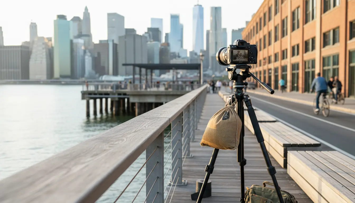 Wedding photographer setup in Williamsburg with sandbagged tripod and camera on a waterfront boardwalk