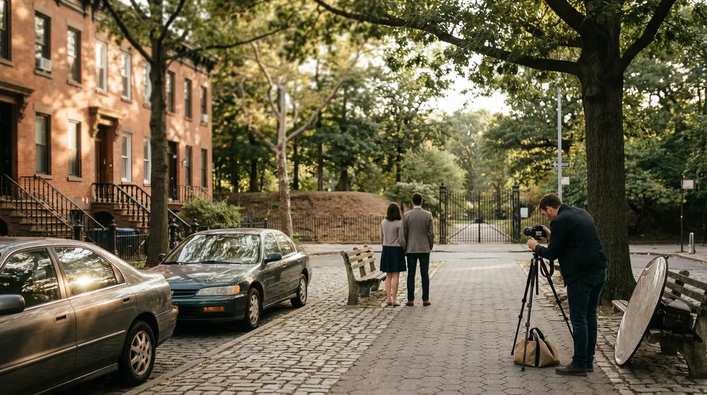 Wedding photographer in Windsor Terrace, Brooklyn setting up a compact tripod and camera near a bench at the Prospect Park Southwest entrance