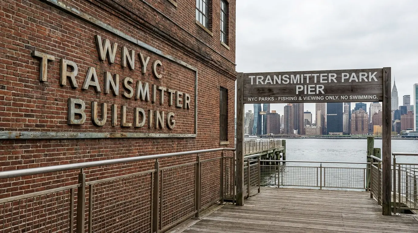 Wedding Photography Greenpoint — WNYC Transmitter Building facade and pier signage at Transmitter Park.
