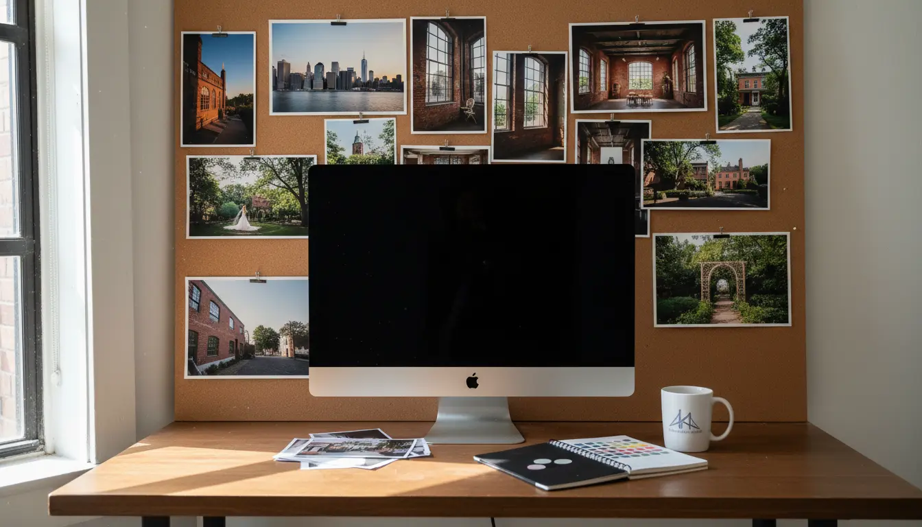 Color correction workstation in Brooklyn studio with pinned photos of Brooklyn venues